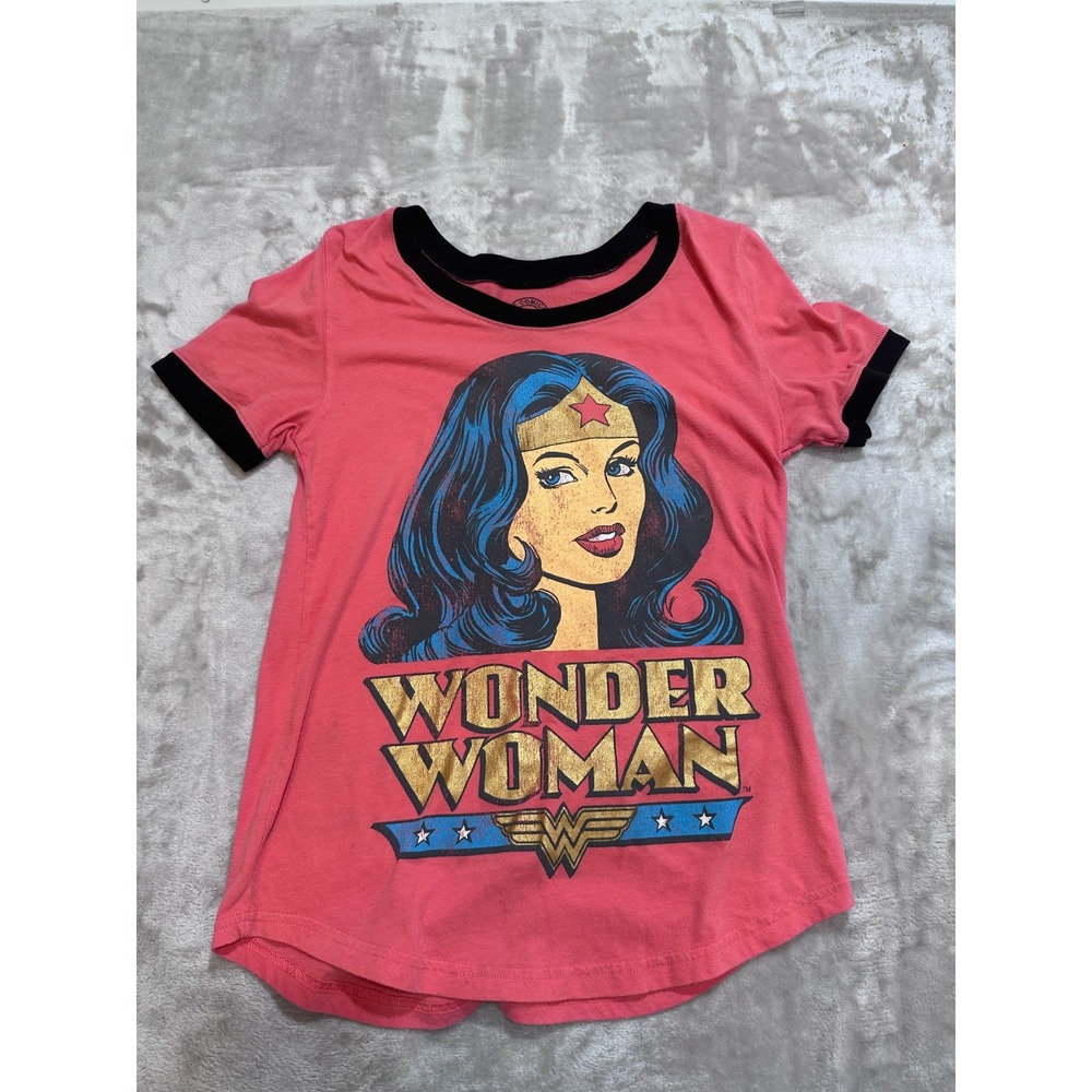 DC Comics Wonder Woman T-Shirt Juniors Size Large 11/13 Pink Retro Ringer Band